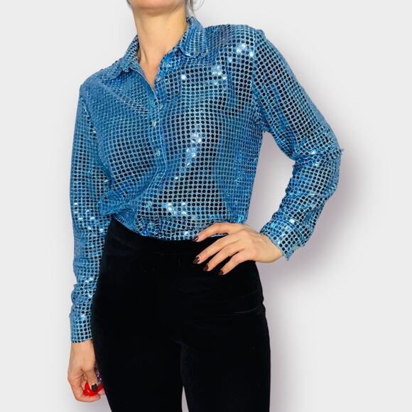 90s Necessary Objects Blue Sparkle Top - Picture 3 of 7